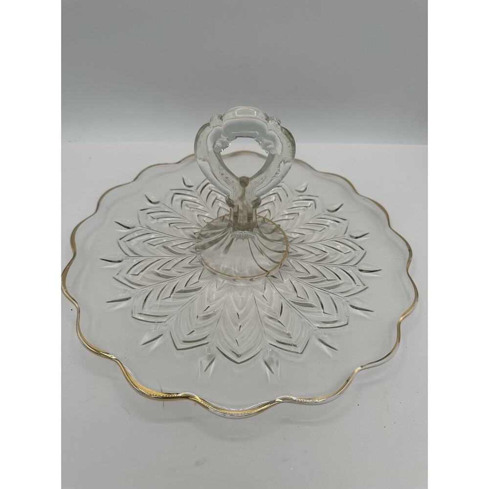 Center Handle Tray Feather by JEANNETTE Glass 12" x 6" Gold Trim Cottage Core